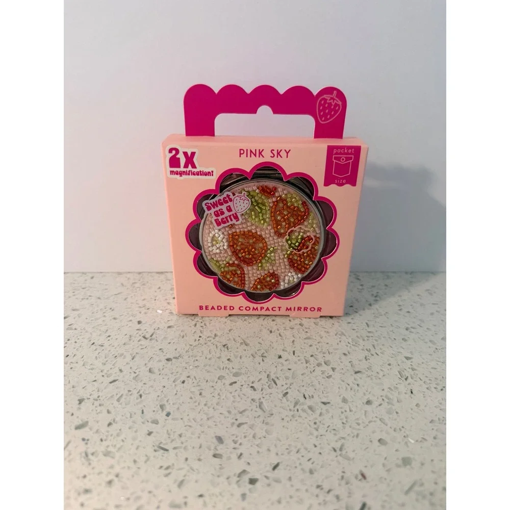 Pink Sky Beaded Compact Mirror Sweet as a Berry Strawberry 2x Magnification NEW